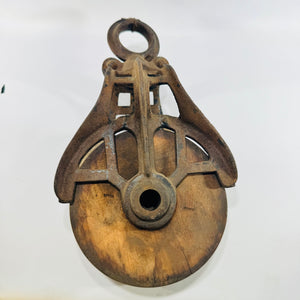Cast Iron Barn Pulley with 5 Inch Wood Sheave Early 1900s Farm Equipment