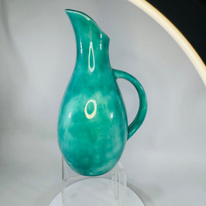 Vintage 1960s Turquoise Pottery Jug Pitcher 8x5 Curved Spout Modernist Bud Vase Mid Century Decor Teal Ceramic Vase
