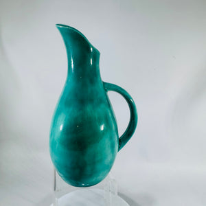 Vintage 1960s Turquoise Pottery Jug Pitcher 8x5 Curved Spout Modernist Bud Vase Mid Century Decor Teal Ceramic Vase