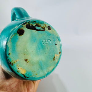 Vintage 1960s Turquoise Pottery Jug Pitcher 8x5 Curved Spout Modernist Bud Vase Mid Century Decor Teal Ceramic Vase