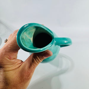 Vintage 1960s Turquoise Pottery Jug Pitcher 8x5 Curved Spout Modernist Bud Vase Mid Century Decor Teal Ceramic Vase