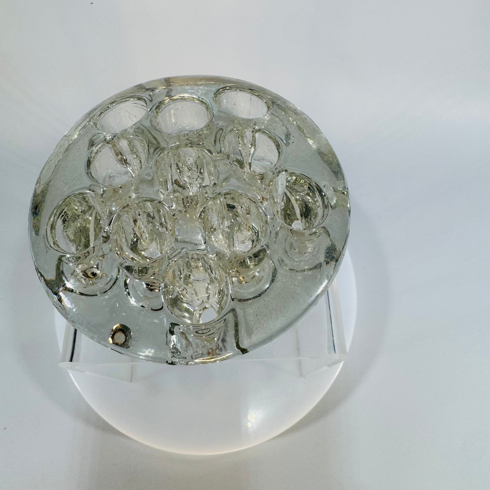 Vintage Clear Glass Flower Frog 11 Hole Round Stem Holder 4” Pressed Glass Floral Arranging Tool 1950s 1960s Vase Insert