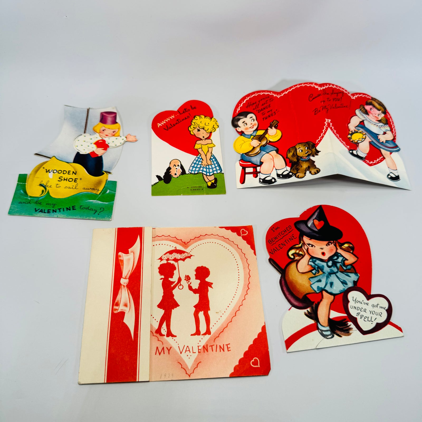 1940s Valentine Card Lot + 1939 Card, Die-Cut & Mechanical Kids Valentines, Witch “Bewitched” Card, A-Meri-Card, Ephemera Set