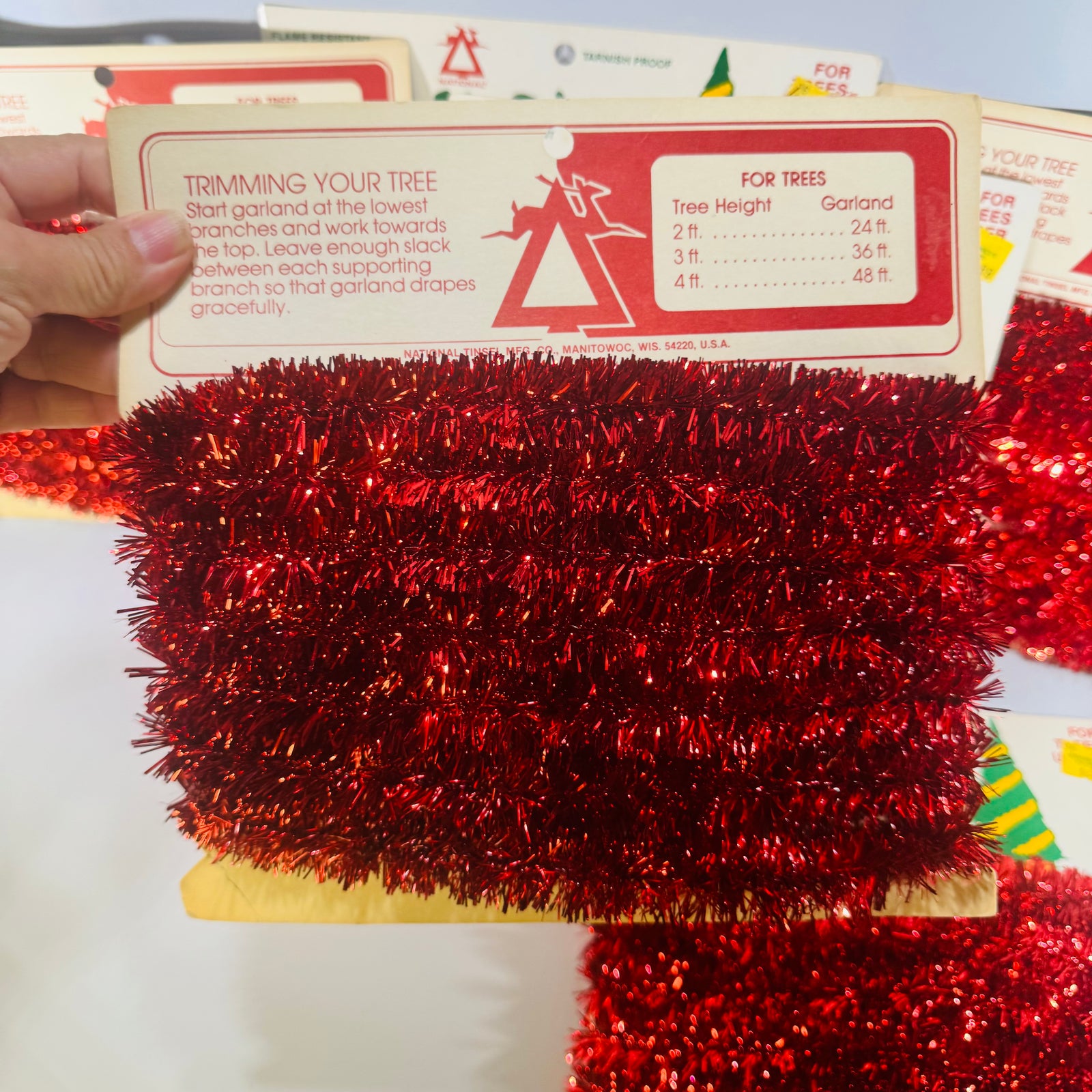 National Tinsel Small Tree Garland Red 10 Ft Cards 1960s to 1970s Lot of 6