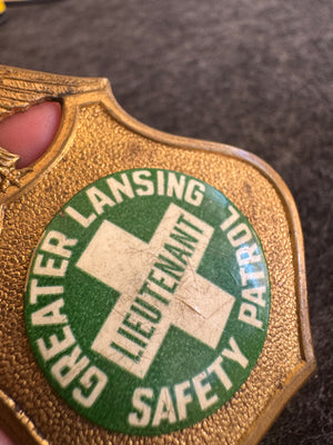 Vintage Greater Lansing Safety Patrol Lieutenant Badge | Lansing Michigan Tin Shield Pin | Green Cross School Safety Patrol