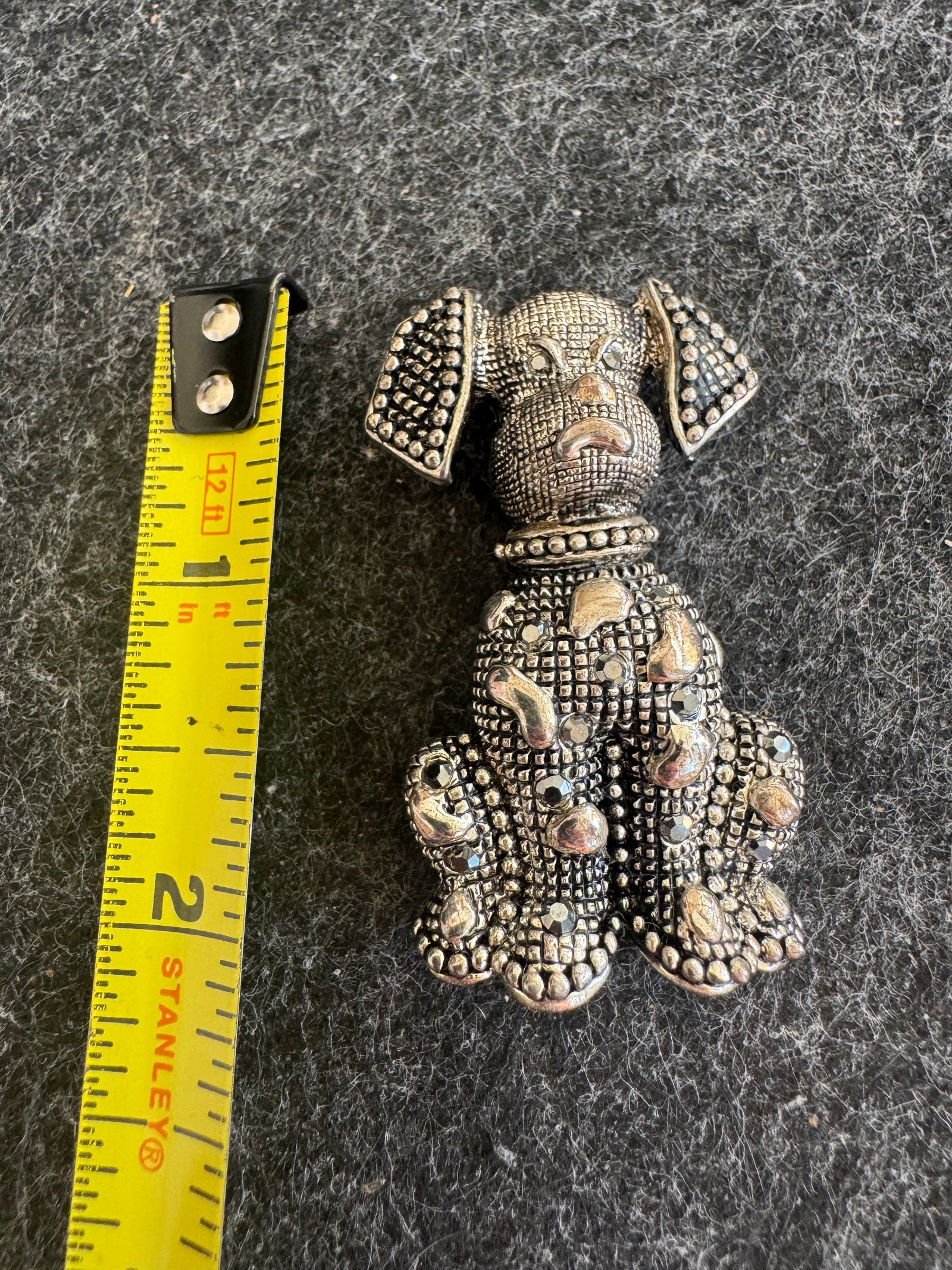 Vintage Silver Tone Dog Brooch Pin 2 1/8” | Textured Puppy with Marcasite Style Crystals | Unbranded Statement Lapel Pin