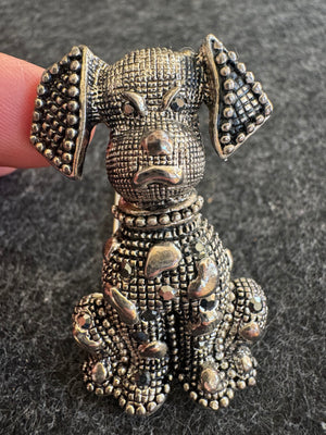 Vintage Silver Tone Dog Brooch Pin 2 1/8” | Textured Puppy with Marcasite Style Crystals | Unbranded Statement Lapel Pin