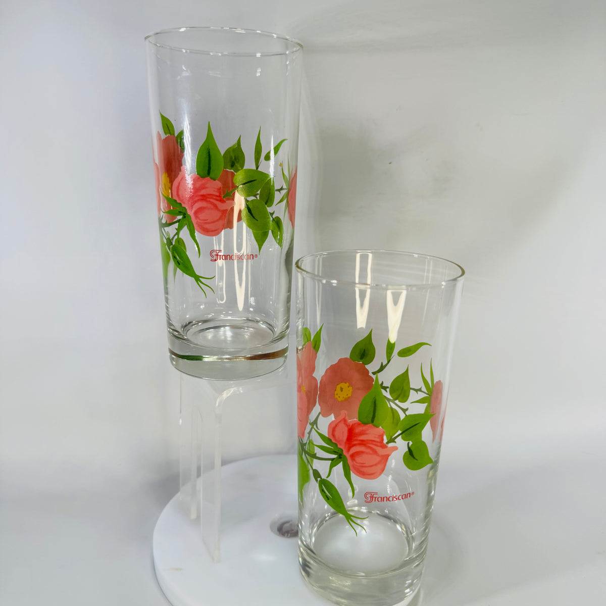 Set of 2 Franciscan Desert Rose Glass Tumblers | Libbey Floral Drinking Glasses 14 oz | Vintage Pink Rose Glassware Pair