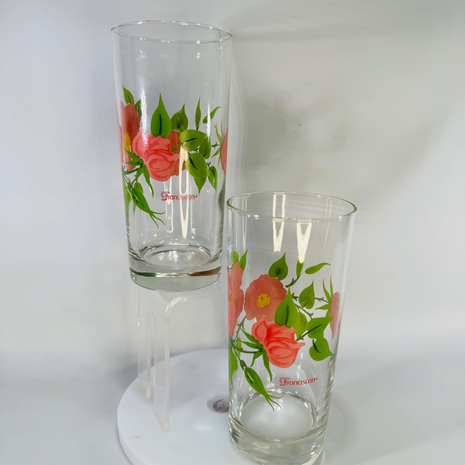 Set of 2 Franciscan Desert Rose Glass Tumblers | Libbey Floral Drinking Glasses 14 oz | Vintage Pink Rose Glassware Pair
