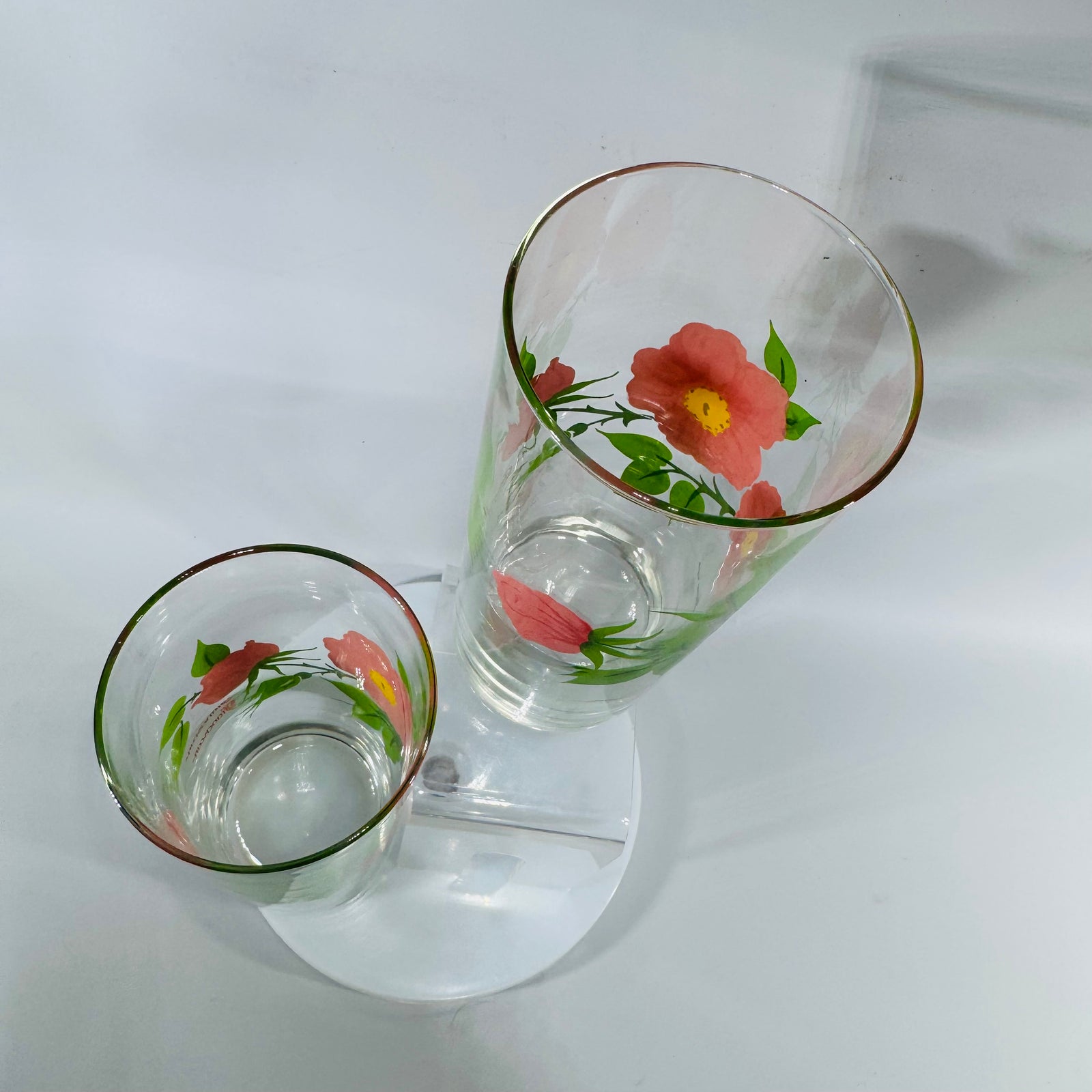 Set of 2 Franciscan Desert Rose Glass Tumblers | Libbey Floral Drinking Glasses 14 oz | Vintage Pink Rose Glassware Pair
