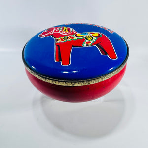 Dalarna Dala Horse Round Sewing Tin 1960s to 1970s Swedish Folk Art