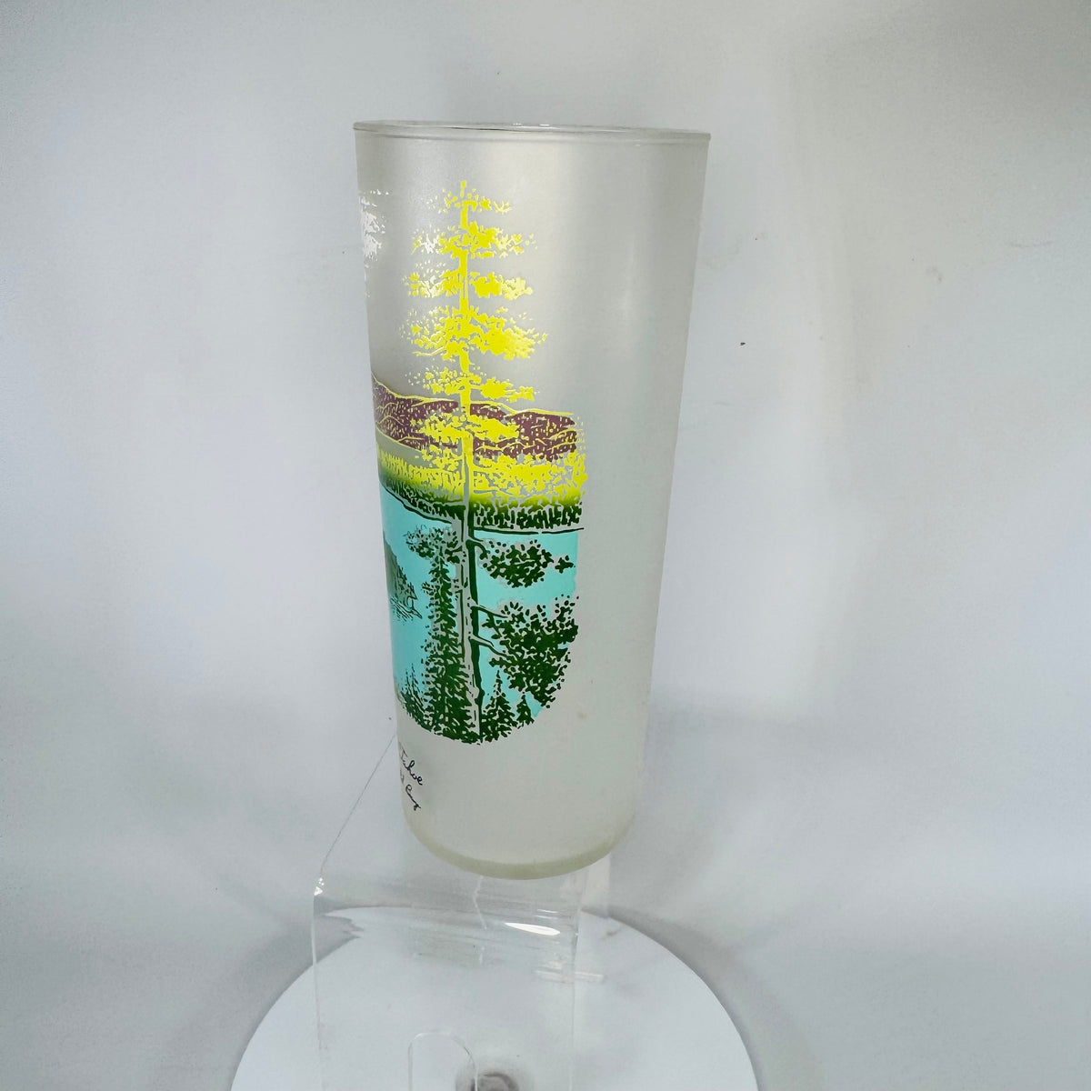 Vintage Libbey Lake Tahoe Emerald Bay Frosted Glass Tumbler 1970s, California Souvenir Barware, 6.5” Tall Scenic Print