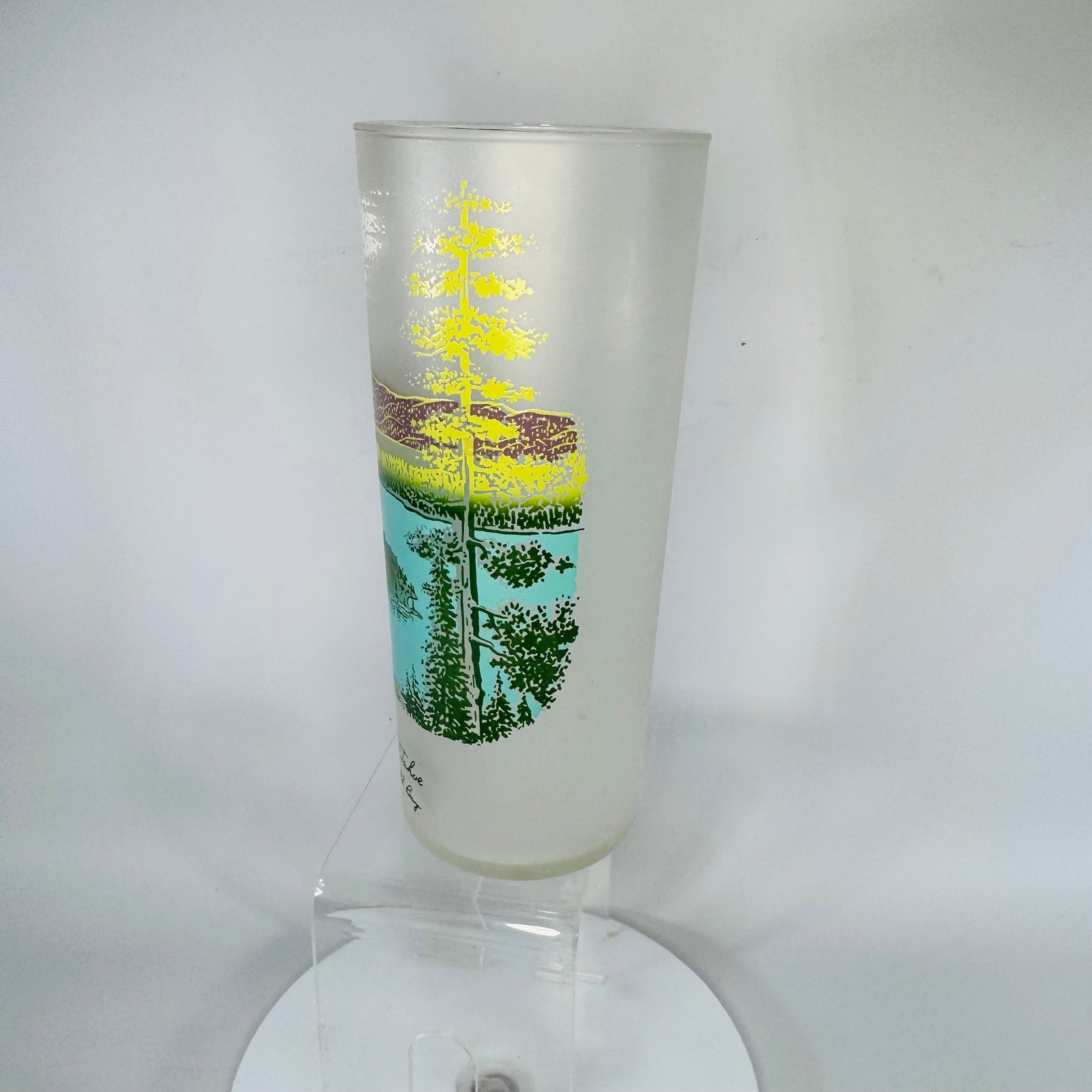 Vintage Libbey Lake Tahoe Emerald Bay Frosted Glass Tumbler 1970s, California Souvenir Barware, 6.5” Tall Scenic Print