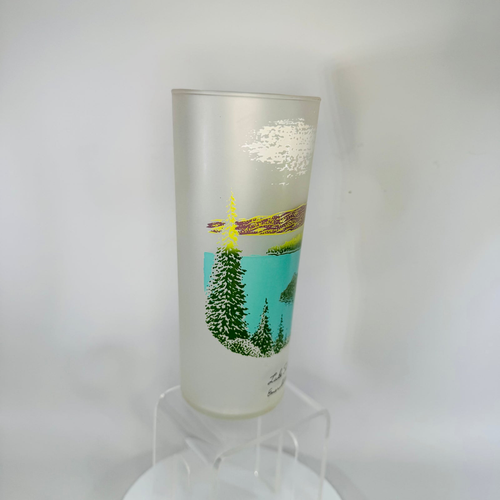 Vintage Libbey Lake Tahoe Emerald Bay Frosted Glass Tumbler 1970s, California Souvenir Barware, 6.5” Tall Scenic Print