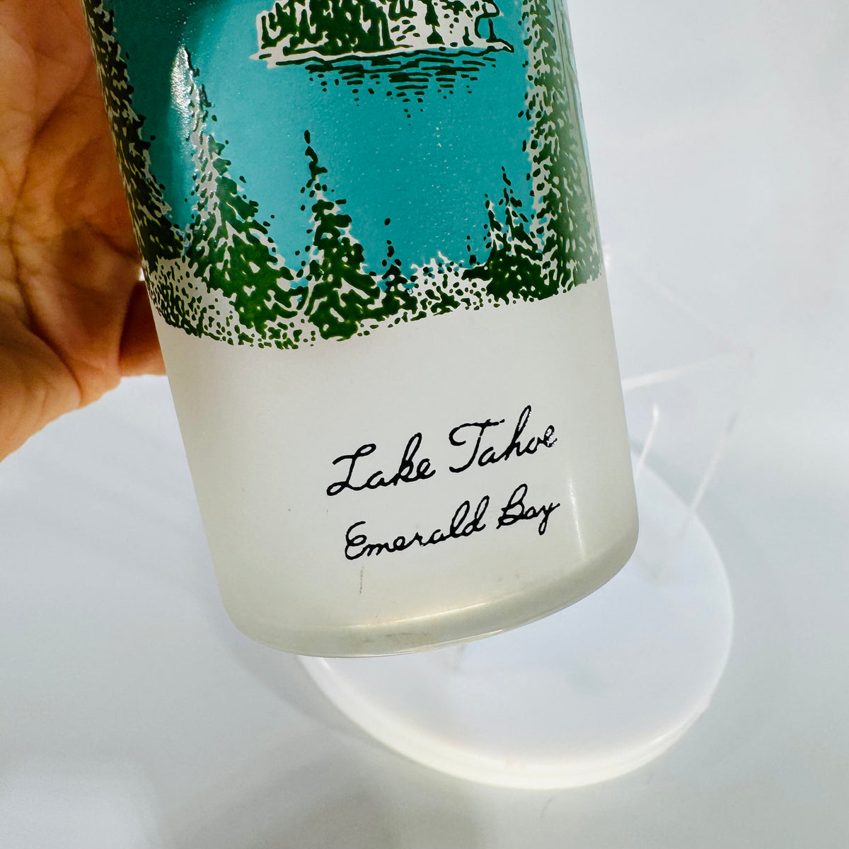 Vintage Libbey Lake Tahoe Emerald Bay Frosted Glass Tumbler 1970s, California Souvenir Barware, 6.5” Tall Scenic Print