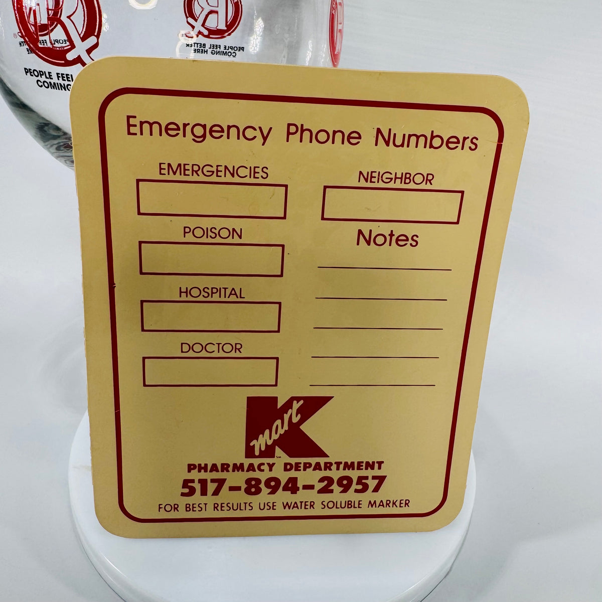 Vintage Kmart Pharmacy Rx Glass + Emergency Phone Numbers Fridge Magnet, Red K Logo Promo, Retro Drugstore Collectibles