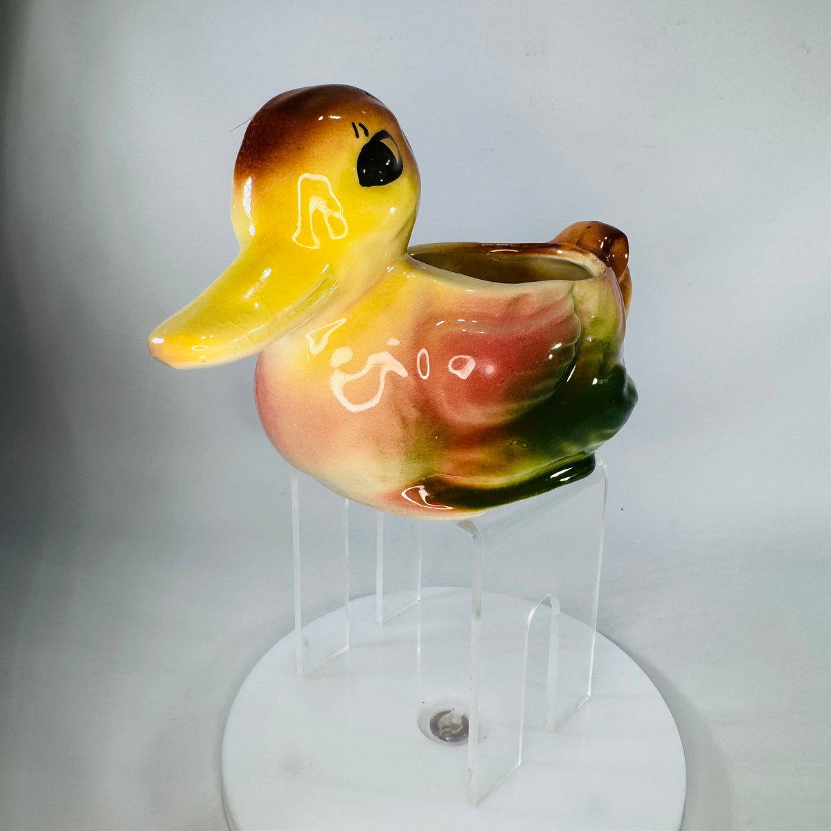 Vintage American Bisque Duck Planter 1940s–50s Big Eye Duckling, Hand-Painted Yellow Pink Green Ceramic, 6.5” Wide