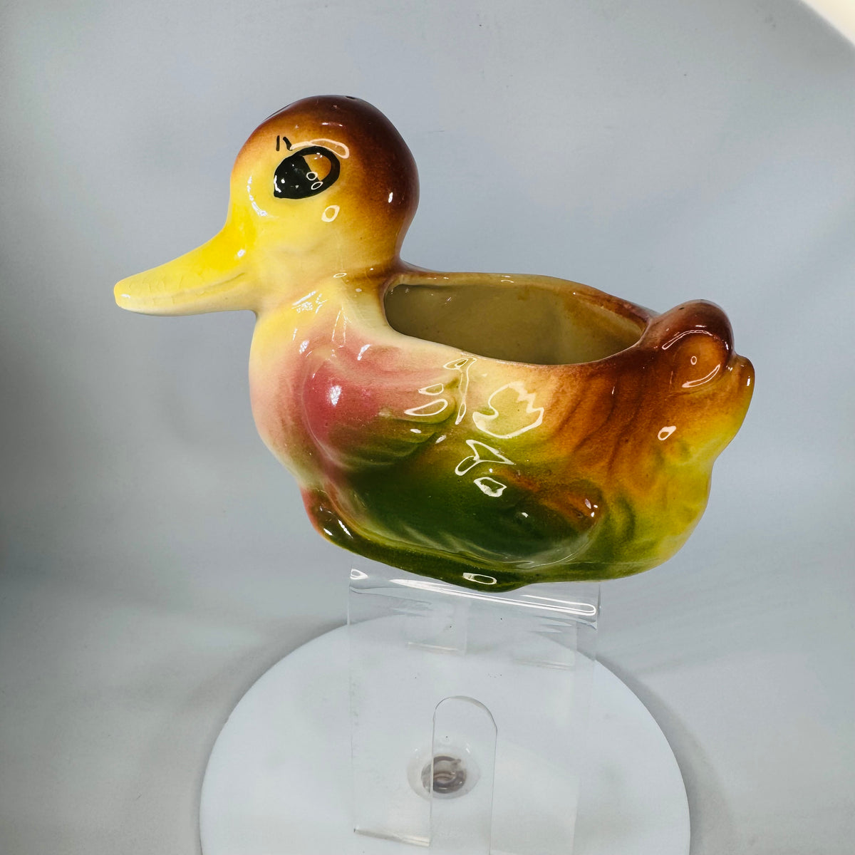 Vintage American Bisque Duck Planter 1940s–50s Big Eye Duckling, Hand-Painted Yellow Pink Green Ceramic, 6.5” Wide