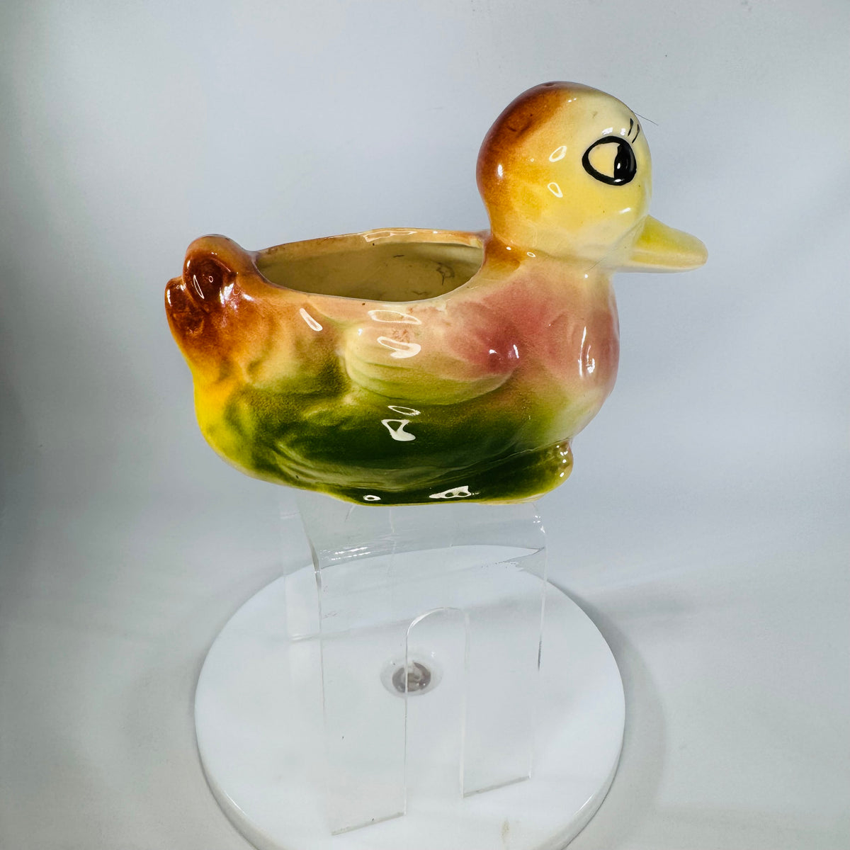 Vintage American Bisque Duck Planter 1940s–50s Big Eye Duckling, Hand-Painted Yellow Pink Green Ceramic, 6.5” Wide