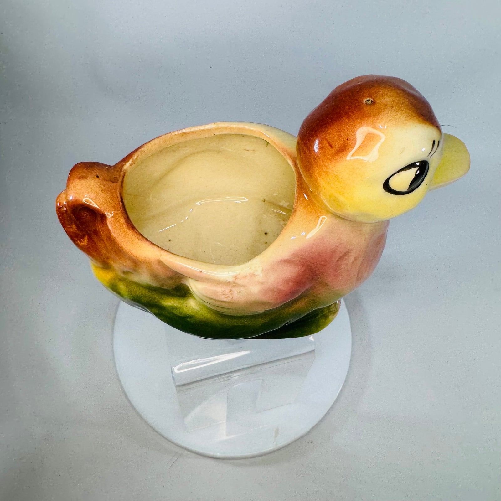 Vintage American Bisque Duck Planter 1940s–50s Big Eye Duckling, Hand-Painted Yellow Pink Green Ceramic, 6.5” Wide