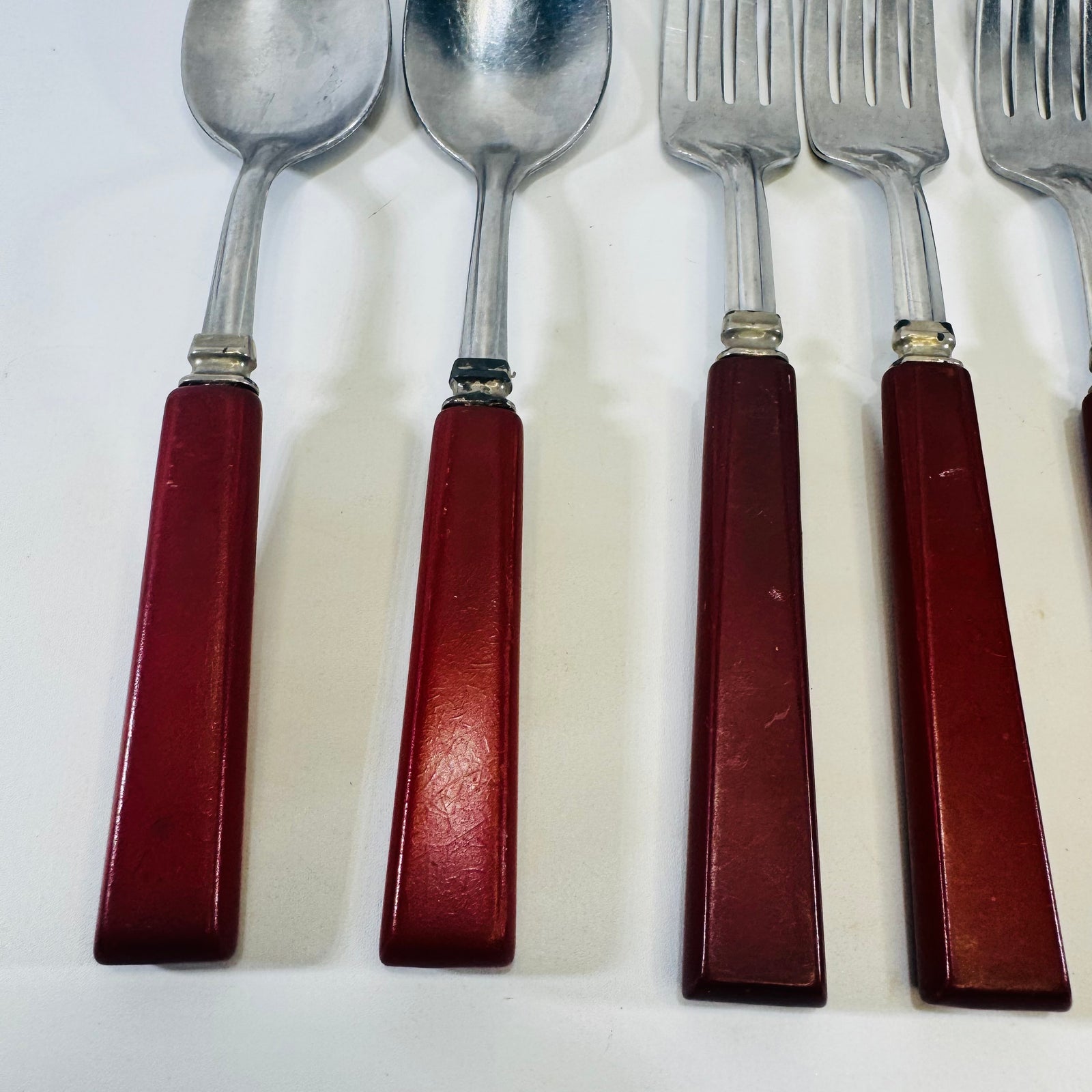 STAINLESS U.S.A. Red Bakelite Flatware Set 1930s to 1950s 6 Piece