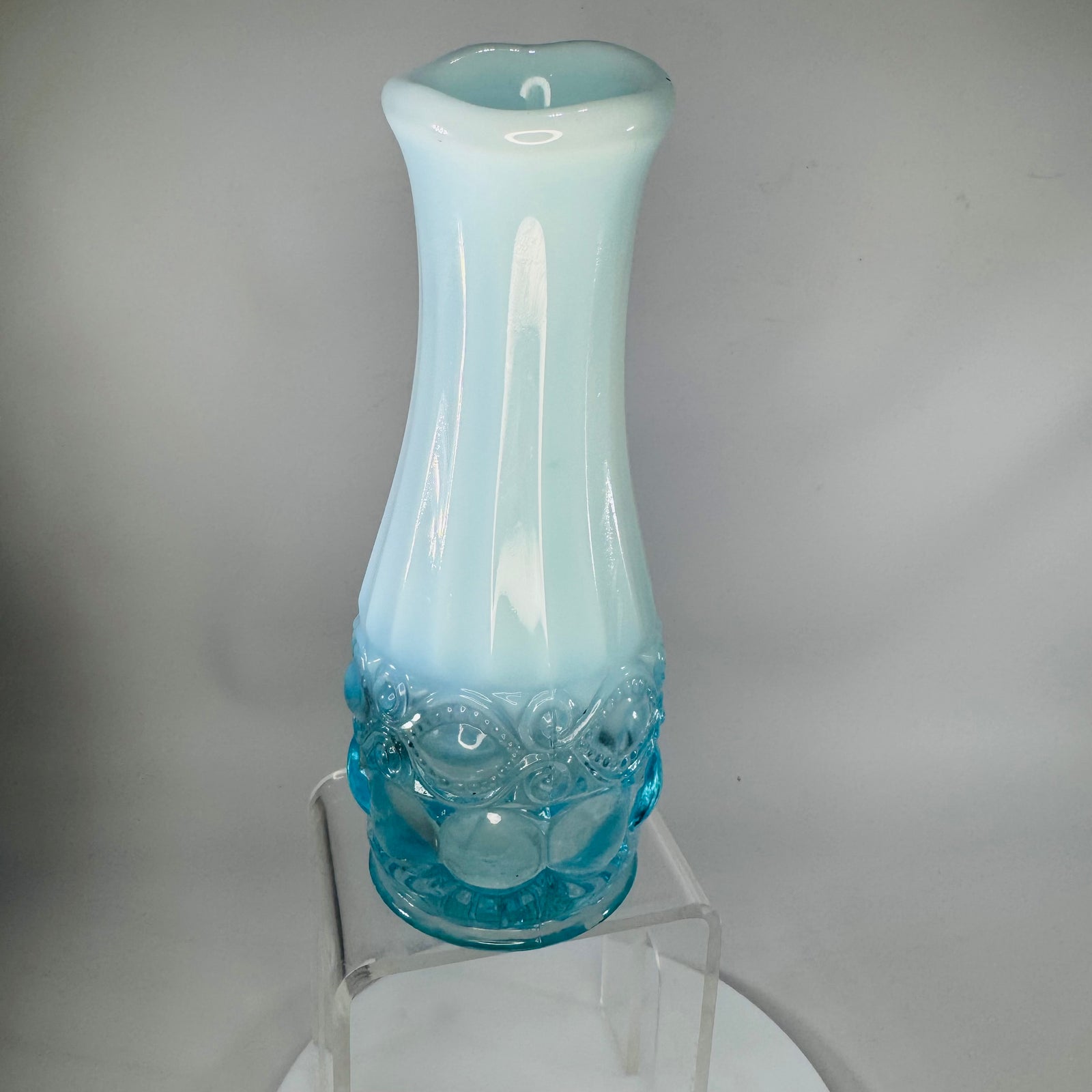 Mosser Glass Eye Winker Vase 6” Blue Opal Opalescent Bud Vase Aqua Teal Pressed Glass Vintage Home Decor