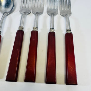 STAINLESS U.S.A. Red Bakelite Flatware Set 1930s to 1950s 6 Piece