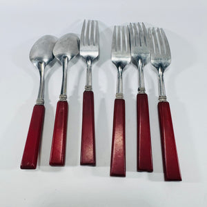 STAINLESS U.S.A. Red Bakelite Flatware Set 1930s to 1950s 6 Piece
