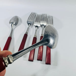 STAINLESS U.S.A. Red Bakelite Flatware Set 1930s to 1950s 6 Piece
