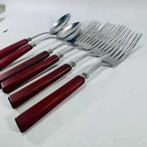 STAINLESS U.S.A. Red Bakelite Flatware Set 1930s to 1950s 6 Piece