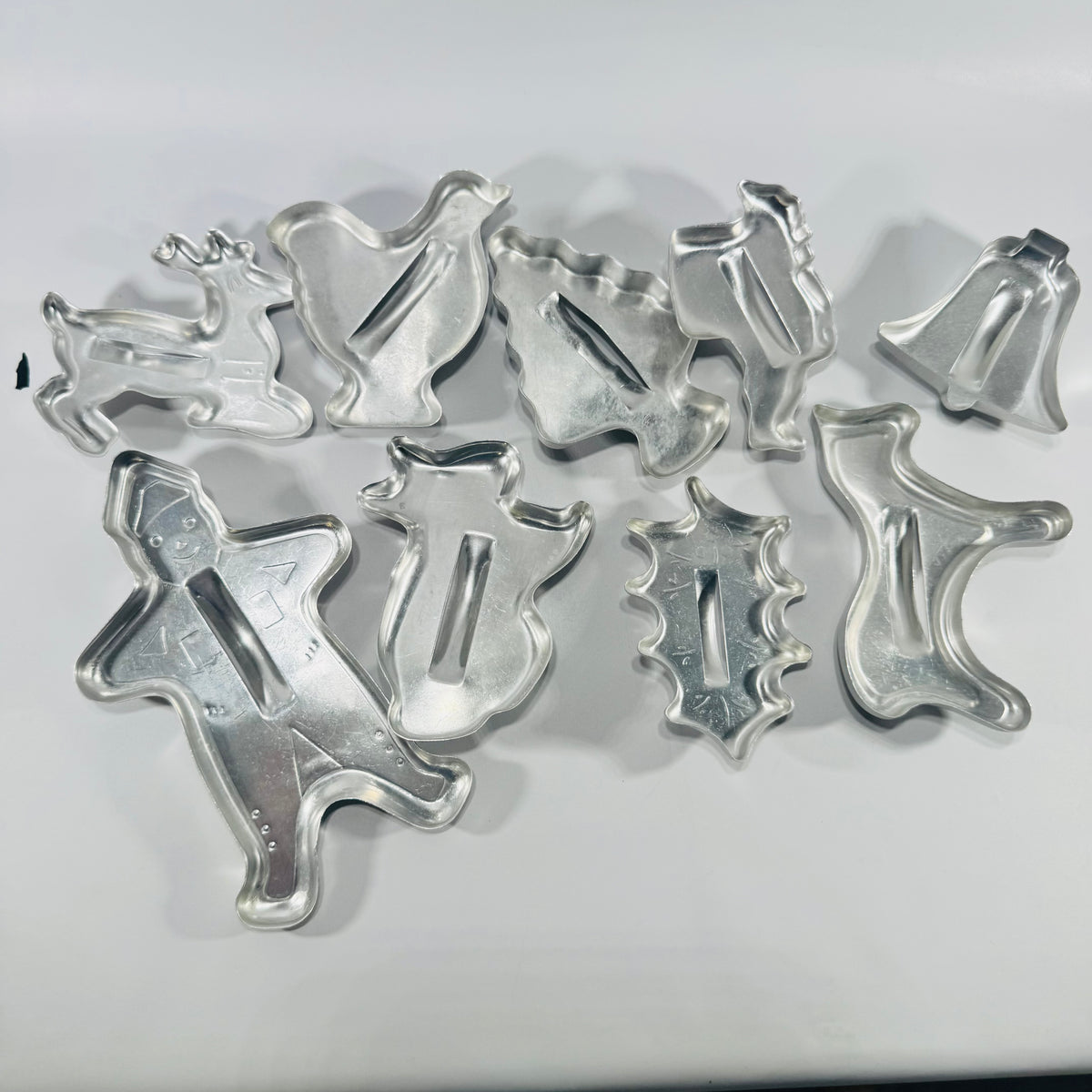 Mid Century Metal Cookie Cutter Lot of 9 Strap Handle Holiday and Animal Shapes