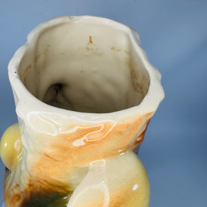 MCM Tree Stump Planter w Mushrooms | Vintage Ceramic Vase 5” Wide | Brown Yellow Drip Glaze Boho Decor | Shawnee Style