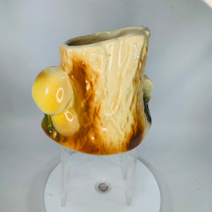 MCM Tree Stump Planter w Mushrooms | Vintage Ceramic Vase 5” Wide | Brown Yellow Drip Glaze Boho Decor | Shawnee Style