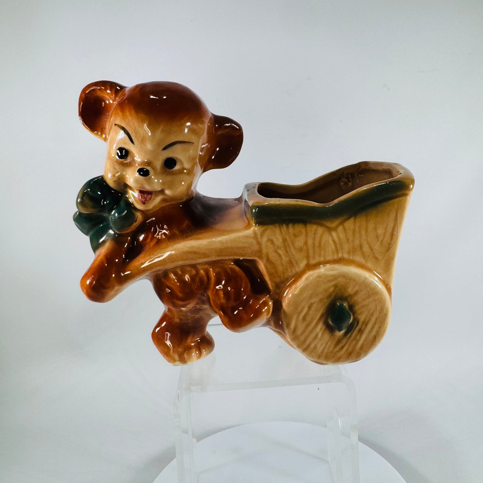 Vintage Monkey Wheelbarrow Planter | Brown & Green Ceramic Animal Vase