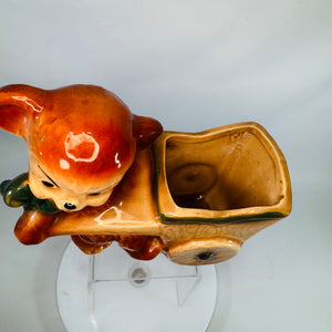 Vintage Monkey Wheelbarrow Planter | Brown & Green Ceramic Animal Vase
