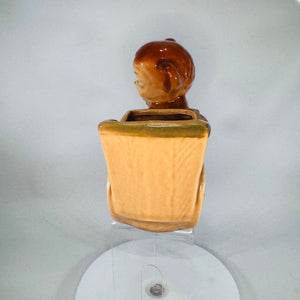 Vintage Monkey Wheelbarrow Planter | Brown & Green Ceramic Animal Vase