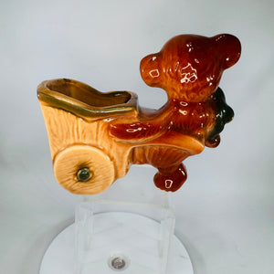 Vintage Monkey Wheelbarrow Planter | Brown & Green Ceramic Animal Vase