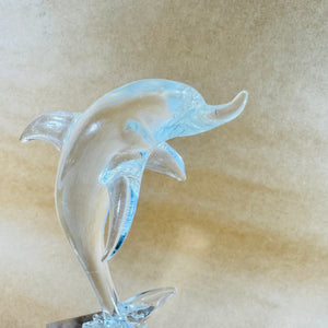 Clear Glass Leaping Dolphin Figurine 1970s Murano Style Art Glass Sculpture