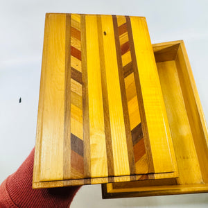 Geometric Marquetry Wood Box Late 20th Century with Chevron Inlay Lid