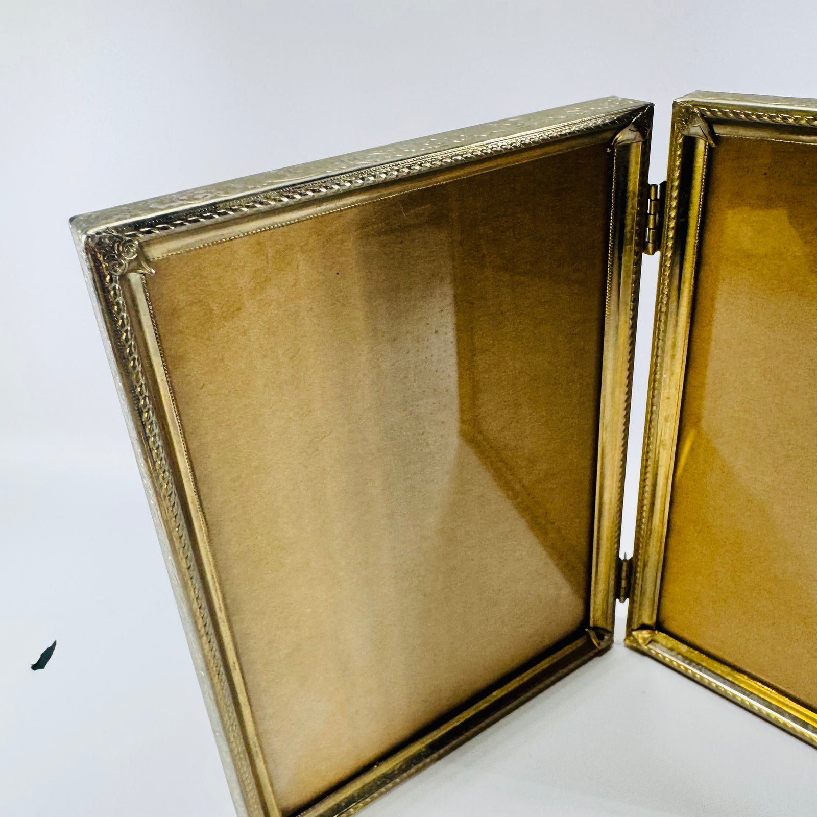 Gold Tone Metal Double Picture Frame 5x7 Mid Century Hinged Tabletop Frame