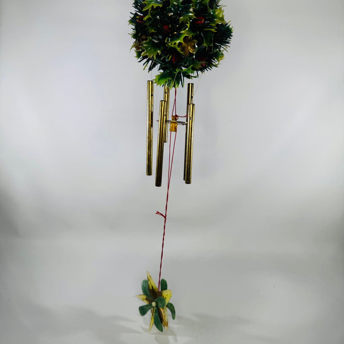 Vintage Snowman Holly Ball Wind Chime | Kitsch Christmas Hanging Decor | Top Hat Earmuffs Pipe | Brass Tone Chimes | 19” Long