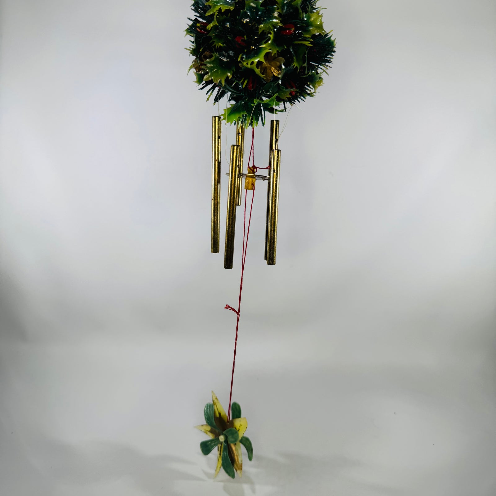 Vintage Snowman Holly Ball Wind Chime | Kitsch Christmas Hanging Decor | Top Hat Earmuffs Pipe | Brass Tone Chimes | 19” Long