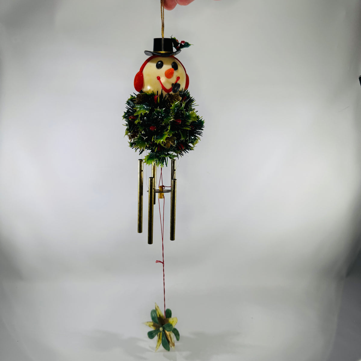 Vintage Snowman Holly Ball Wind Chime | Kitsch Christmas Hanging Decor | Top Hat Earmuffs Pipe | Brass Tone Chimes | 19” Long