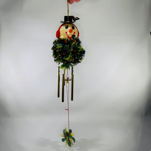 Vintage Snowman Holly Ball Wind Chime | Kitsch Christmas Hanging Decor | Top Hat Earmuffs Pipe | Brass Tone Chimes | 19” Long