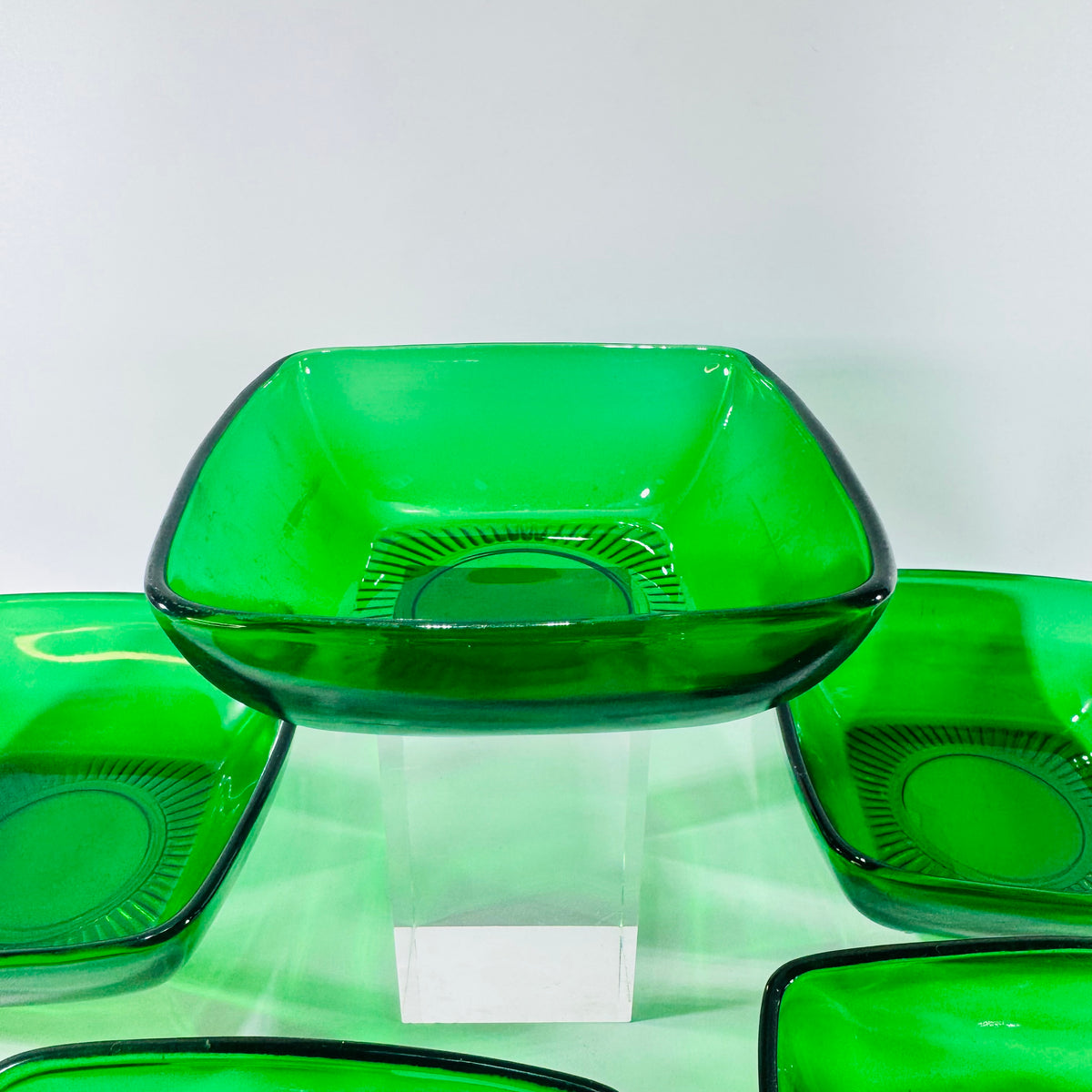 Forest Green Square Glass Dessert Bowl Set of 5 1950s Charm Style