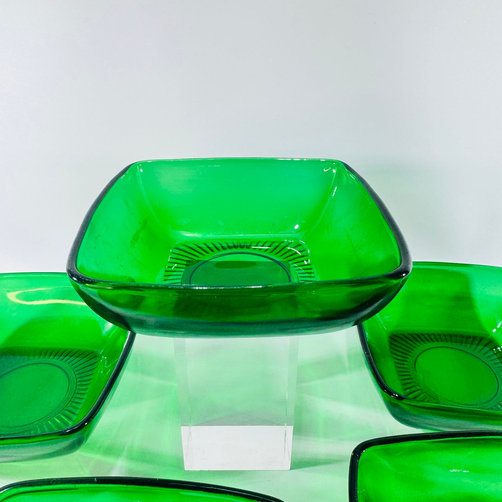Forest Green Square Glass Dessert Bowl Set of 5 1950s Charm Style