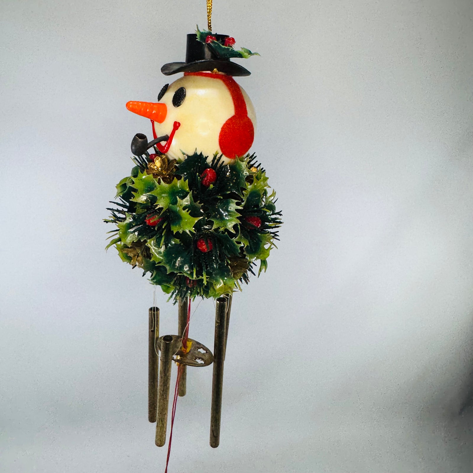 Vintage Snowman Holly Ball Wind Chime | Kitsch Christmas Hanging Decor | Top Hat Earmuffs Pipe | Brass Tone Chimes | 19” Long