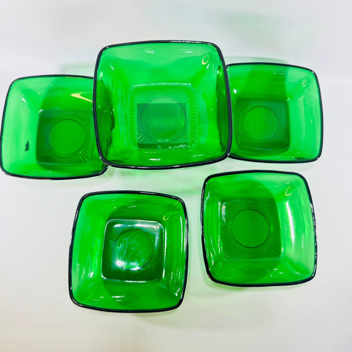 Forest Green Square Glass Dessert Bowl Set of 5 1950s Charm Style