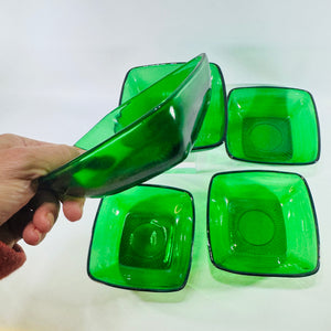 Forest Green Square Glass Dessert Bowl Set of 5 1950s Charm Style