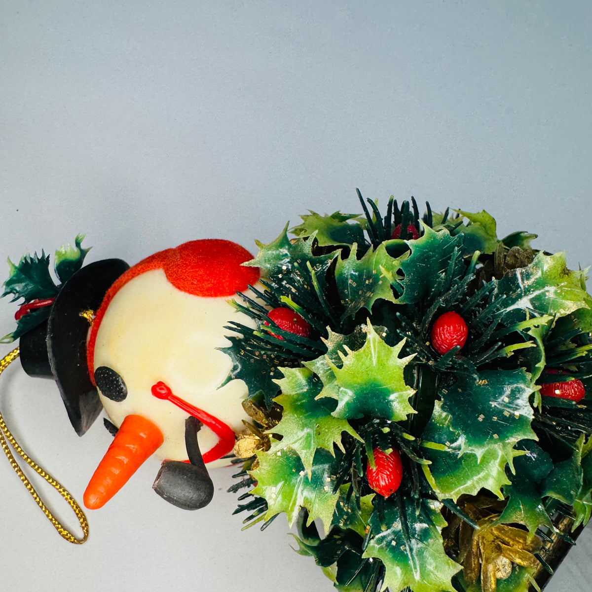 Vintage Snowman Holly Ball Wind Chime | Kitsch Christmas Hanging Decor | Top Hat Earmuffs Pipe | Brass Tone Chimes | 19” Long